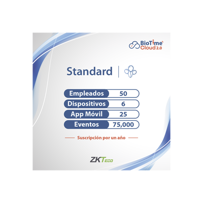 [ZKT0820132] LICENCIA STANDART BIOTIME CLOUD 2.0  / 50 USUARIOS / 6 DISPOSITIVOS (Licencia Anual)