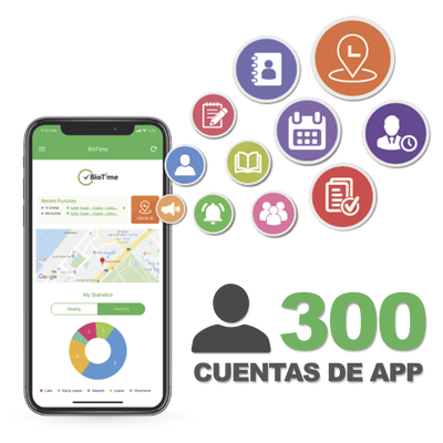 [BIOTIMEAPP300] Licencia para realizar checadas de asistencia desde Smartphone (APP) con envío de fotografía y ubicación por GPS / Compatible con BIOTIMEPRO / Licencia para 300 usuario