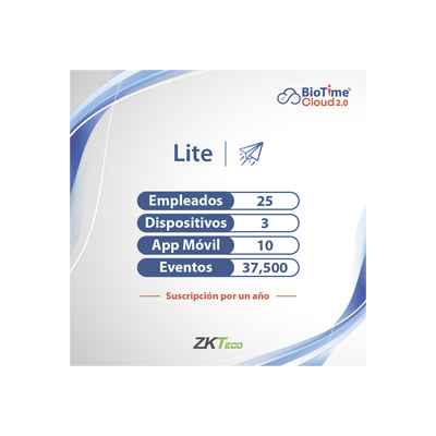 [ZKT0820131] LICENCIA lite de BIOTIME CLOUD 2.0  / 25 USUARIOS / 3 DISPOSITIVOS (Licencia Anual)