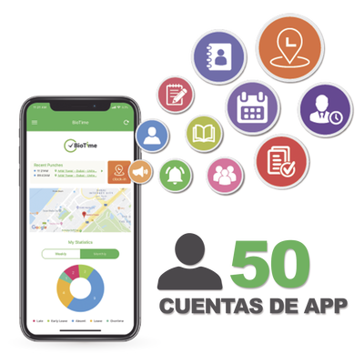 [BIOTIMEAPP50] Licencia para realizar checadas de asistencia desde Smartphone (APP) con envío de fotografía y ubicación por GPS / Compatible con BIOTIMEPRO / Licencia para 50 usuario