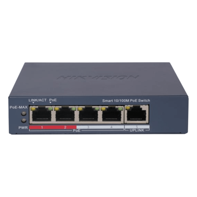 [DS-3E1105P-EI] Switch Monitoreable PoE+ / 4 puertos 100 Mbps PoE+ / 1 Puerto 100 Mbps Uplink / PoE hasta 250 Metros / 60 Watts / Conexión Remota desde Hik-PartnerPro