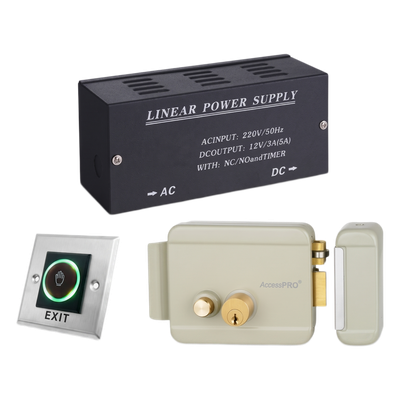 [ACCESSRIMB-KIT] Kit Control de Acceso / Fuente Alimentación 36W 13.2VCD / Cerradura Eléctrica Derecha / Botón IR 5-15 cm / Acero Inoxidable / Indicadores LED / Relevador NO-NC-COM