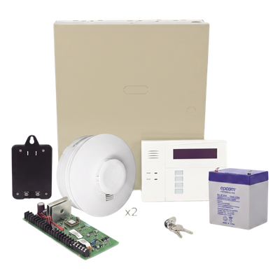 [VISTA48/SMOKEV] Kit de panel de intrusión de 48 zonas con 2 detectores de humo inalámbricos incluidos, 3 particiones y carga/descarga por Internet