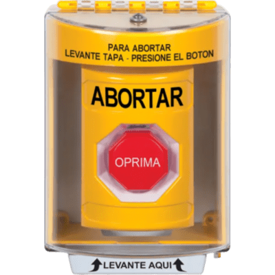 [SS2274ABES] Botón de Abortar, Texto en Español, Tapa Protectora de Policarbonato Súper Resistente, Momentáneo