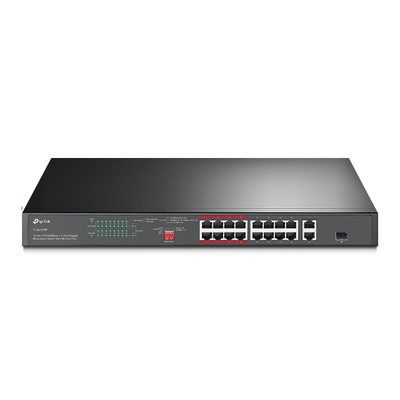 [TL-SL1218P] Switch PoE+ no Administrable 16 puertos 10/100 Mbps + 2 puertos 10/100/1000 Mbps + 1 puerto SFP, 8 puertos Extensor PoE (hasta 250 m), 150W, diseño para Vigilancia IP