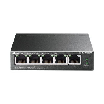 [TLSF1005LP] Switch PoE No Administrable de Escritorio / 5 puertos 10/100 Mbps / 4 puertos PoE af / Presupuesto 41 W / Modo extensor PoE hasta 250 metros / Calidad video prioritaria