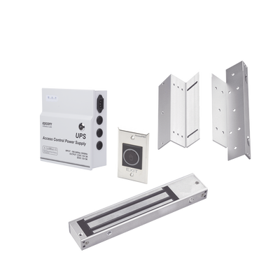 [KITMAG12V] Kit para control de acceso incluye Fuente de 12VCD con respaldo de batería/ Chapa magnética de 600Lbs / Montajes L y Z / Botón de salida 
