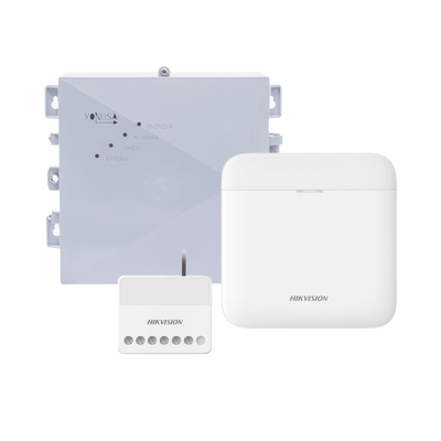 [DS-PWA48-SYSNG] (AX PRO + YONUSA) KIT de Alarma AX PRO / Incluye: 1 Hub con bateria de respaldo / 1 Energizador 2500Mts Lineales / 1 Relevador  0 a 36 Vcc (Max. 5 A) con Entrada de Alarma 27/7