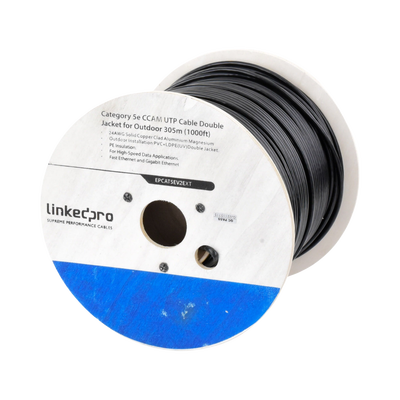 [EP-CAT-5E-V2-EXT] Bobina de cable de 305 m (1000 ft) Cat5e, Aleación de Cobre y Aluminio (CCA), color Negro, Uso Intemperie, Doble Forro